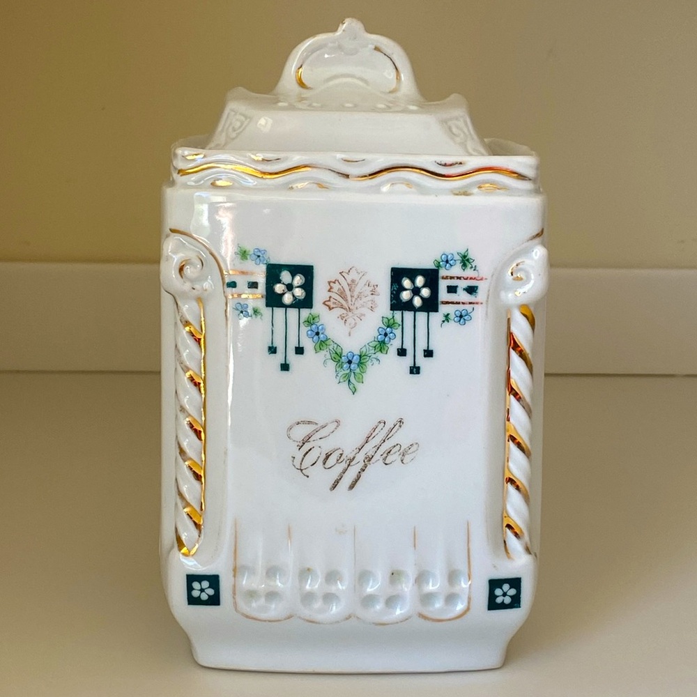 Vintage Antique German White Porcelain Coffee Canister Jar Gold Gilt Blu Grn Blk